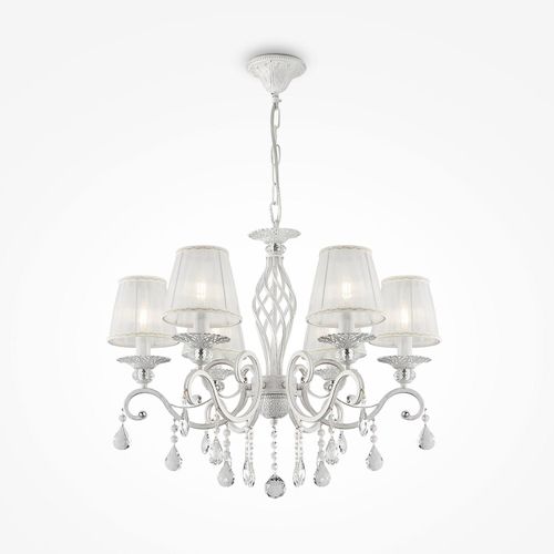 Pendelleuchte Stoff Metall E14 63 cm breit H: max. 116 cm Kristall in Shabby Weiß Gold Weiß 6-flammig