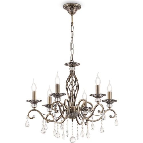 Pendelleuchte Metall E14 B: 63 cm H: max. 116 cm Kristall in Messing antik 6-flammig Klassisch Hängelampe