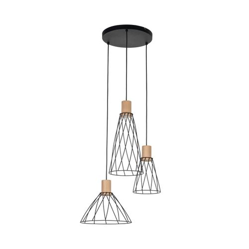 Hängeleuchte Metall GU10 50 cm breit H: max. 120 cm Schwarz Kiefer 3-flammig Retro Frame Schirm Pendelleuchte