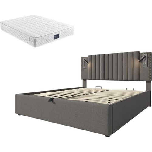 Doppelbett 140x200cm Polsterbett £Mit Matratze£©Multifunktionsbett Jugendbett Stauraumbett Mit Leselicht und USB Typ C Grau Baumwolle
