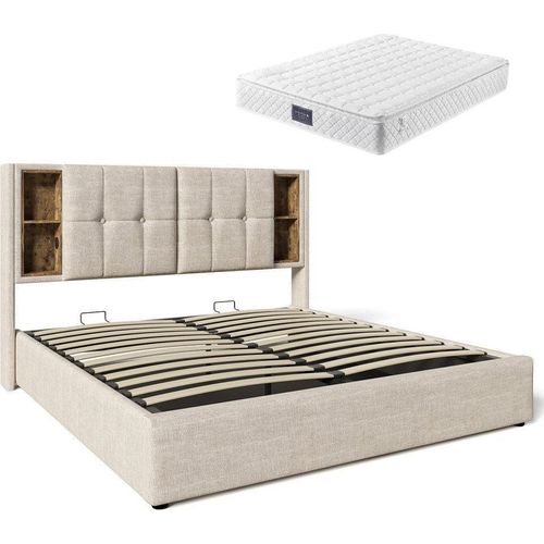 Doppelbett 140x200cm Polsterbett (Mit Matratze) Jugendbett Multifunktionsbett Flachbett Stauraumbett Kabellosem Laden Natuerlich Leinen