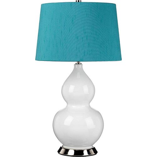Nachttischlampe Keramik Stoff 64 cm hoch Weiß Petrol Nickel poliert E27 rund Retro Design Tischleuchte