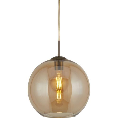 Hängelampe Metall Rauchglas E27 D: 30 cm rund H: max. 120 cm in Messing Antik Bernstein Kugelschirm Retro