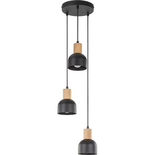 Pendelleuchte Metall E27 B: 25 cm H: max. 100 cm Schwarz Holz hell 3-flammig Skandinavisch Hängelampe
