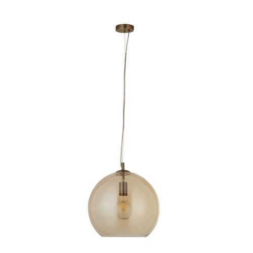 Hängeleuchte Metall Rauchglas E27 Ø 35 cm rund H: max. 120 cm in Messing Antik Bernstein Kugelschirm