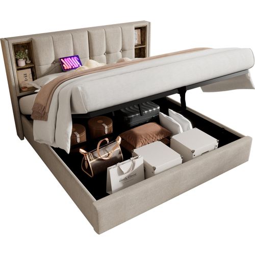 Doppelbett 140x200cm Polsterbett (Ohne Matratze) Stauraumbett mit Kabellosem Laden USB C Bettgestell Lattenrost aus Holz Natuerlich Leinen