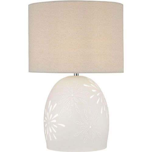 Tischleuchte Stoff Keramik E27 Ø 32 cm rund 49 cm hoch Weiß Beige Klassisch Keramiklampe