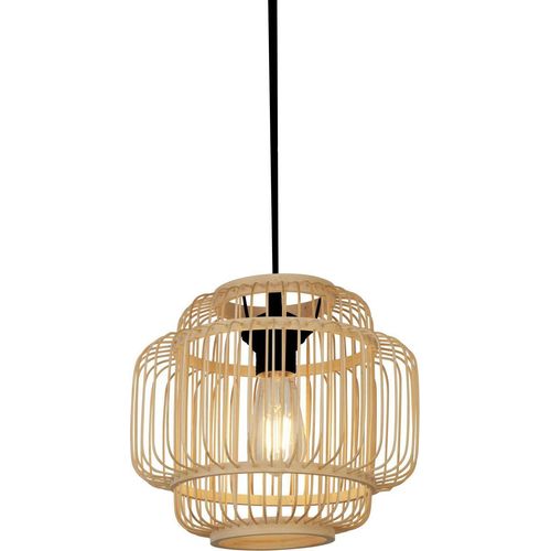 Hängeleuchte Metall Holz E27 D: 29 cm H: max. 150 cm Schwarz Natur rund Modern
