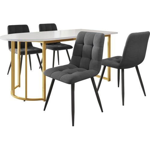Essgruppe (5-tlg) 139x80cm Esstisch mit 4 Stuehlen Set Goldfarbener Esstisch Dunkelgrauer Samt Stuhl Marmormuster Kuechentisch Eisenbeinen