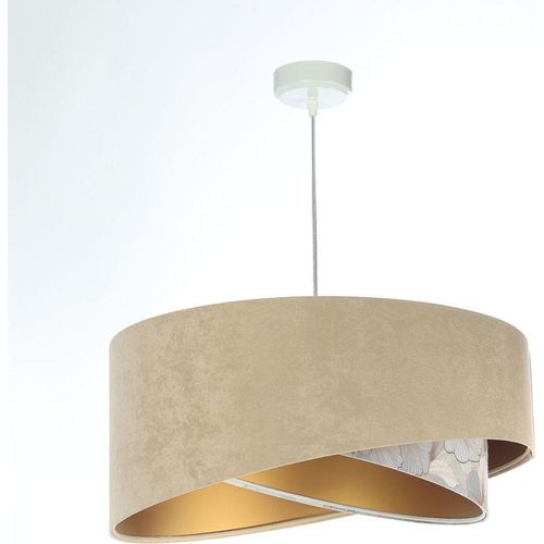 Hängelampe Stoff Metall E27 rund D: 50 cm H: max. 102 cm in Weiß Beige Grau (Abstrakt-Floral Print) Gold Pendelleuchte