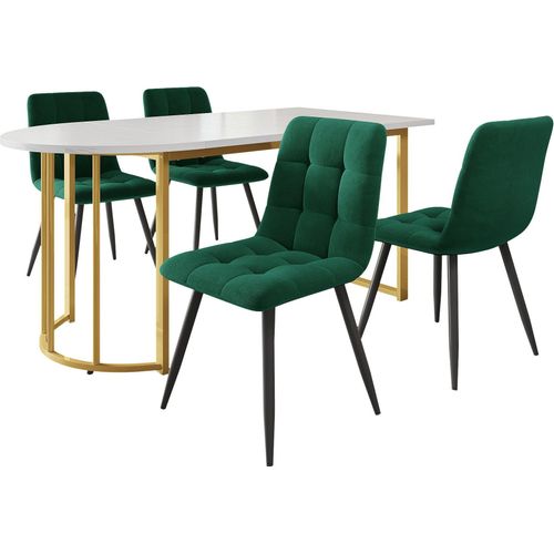 Essgruppe (5-tlg) 139x80cm Esstisch mit 4 Stuehlen Set Marmormuster Kuechentisch Dunkelgruener Samt Stuhl Goldfarbener Esstisch Eisenbeinen