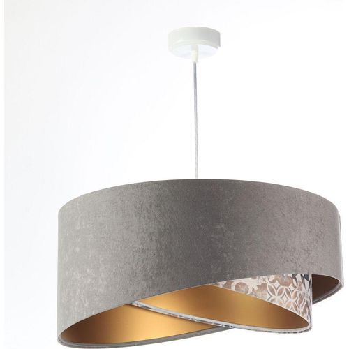 Pendelleuchte Stoff rund D: 50 cm H: max. 102 cm in Weiß Grau Beige (Vintage Print) Gold E27 Modern Hängelampe