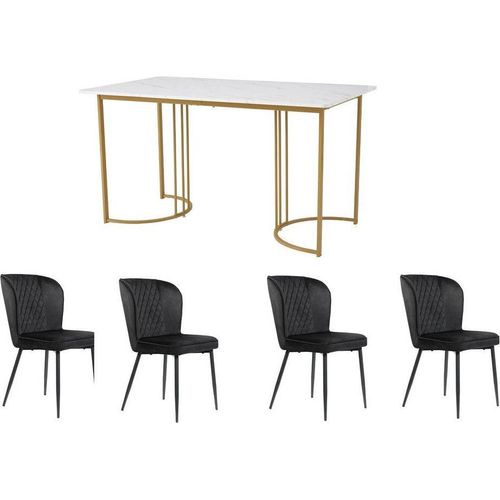 Essgruppe Set Esstisch mit 4 Stuehlen Kuechentisch Set Esszimmerstuehle Polsterstuhl Mit Rueckenlehne Schwarz Samt Weiss MDF Golden Tischbeine