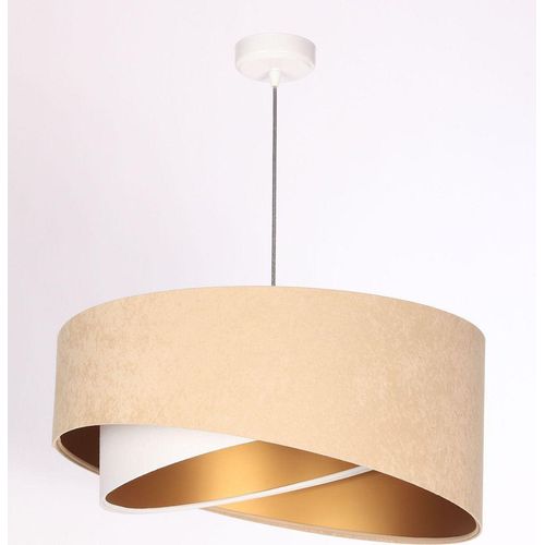 Hängelampe Stoff E27 rund Ø 50 cm H: max. 102 cm in Weiß Beige Gold Modern Hängeleuchte