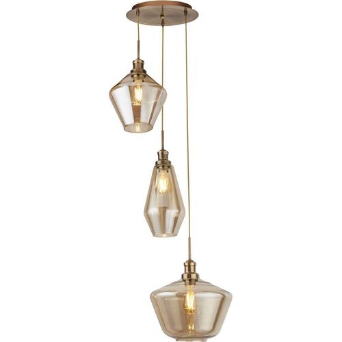 Hängelampe Rauchglas Metall E27 rund Ø 51 cm H: max. 150 cm in Messing Antik Champagner 3-flammig Modern