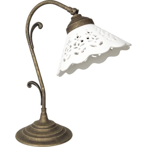 Tischlampe Messing Keramik 36 cm hoch in Bronze Antik matt Weiß E27 Rustikal Keramiklampe