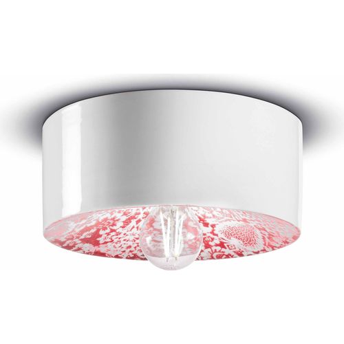 Deckenlampe Keramik E27 Ø 25 cm Weiß Rot rund Retro Design Keramikleuchte