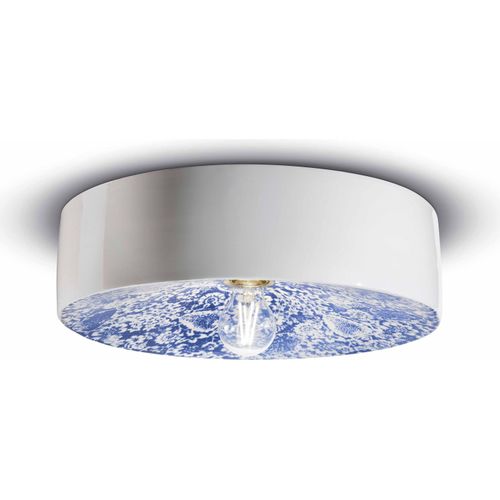 Deckenleuchte Keramik E27 rund Ø 40 cm Weiß Blau Retro Design Keramiklampe