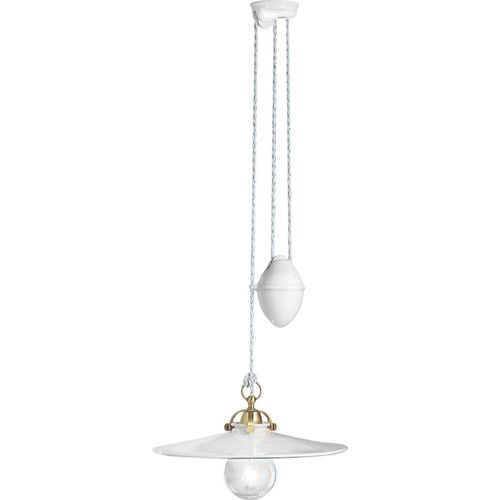 Pendelleuchte Metall Keramik E27 verstellbar B: 31 cm in Weiß Messing matt Vintage Keramiklampe