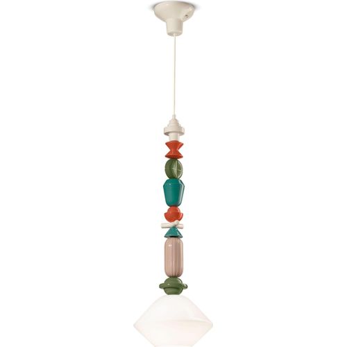Hängeleuchte Keramik Glas E27 Ecru Bunt Retro Design Keramiklampe