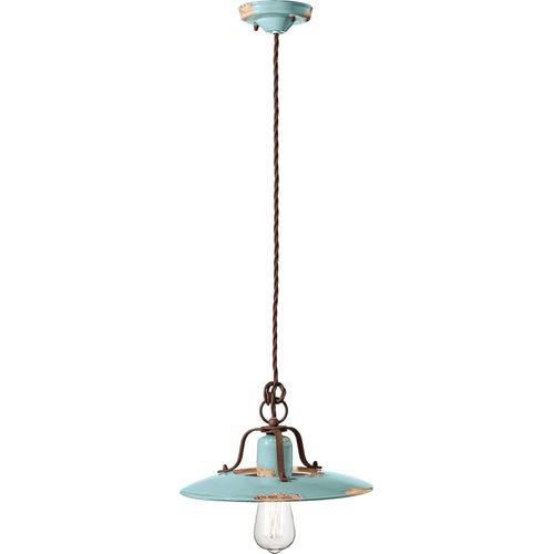 Pendelleuchte Metall Keramik E27 D: 30 cm rund Hellblau Shabby Antik Vintage Keramiklampe