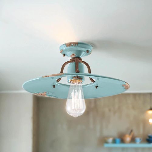Deckenlampe Metall Keramik D: 40 cm rund Hellblau Shabby Antik E27 Vintage Keramikleuchte