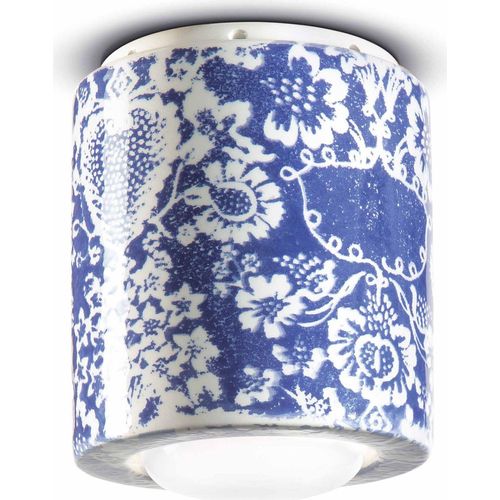 Deckenleuchte Keramik D: 12,5 cm Aufputz Blau Muster E27 rund Retro Keramiklampe