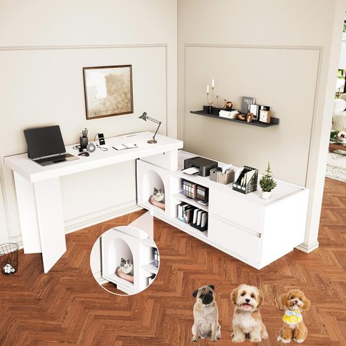 okwish 120 x 50 cm Schreibtisch mit Schublade,Computertisch Eckschreibtisch Weiß mit L-Beistelltisch,Schminktisch für Home Offic mit integriertem Tierhaus