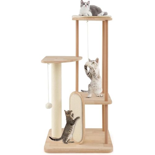 GOPLUS 112cm Kratzbaum, Katzenbaum Holz mit Sisal-Kratzbrett und -Stamm, Gepolsterter Ruheplatz, 2 Plattformen, 2 Hängespielzeug, Beige