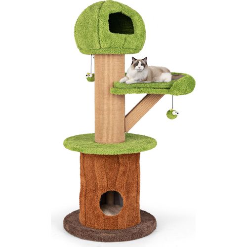 GOPLUS Kratzbaum 148 cm, Katzenbaum in Pilzform mit 2 Katzenhöhlen, Plattform, Sisalkratzpfosten & abnehmbarem Sitzkissen, Braun+Grün