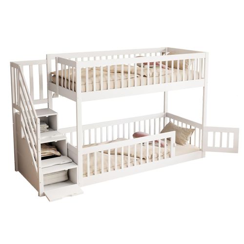 Etagenbett 90x200 Kinderbett mit Sicherheitstreppe und Schubladen, weißes Holzeinzelbett mit Stauraumbett für Kinder, Jugendliche