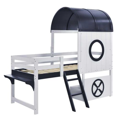 Etagenbett, Halbhohes Bett, Kinderbett mit Dach und Fenster, Untere Schublade mit Rollen, Praktische zweistufige Schrägleiter,Kiefer+MDF+Sperrholz