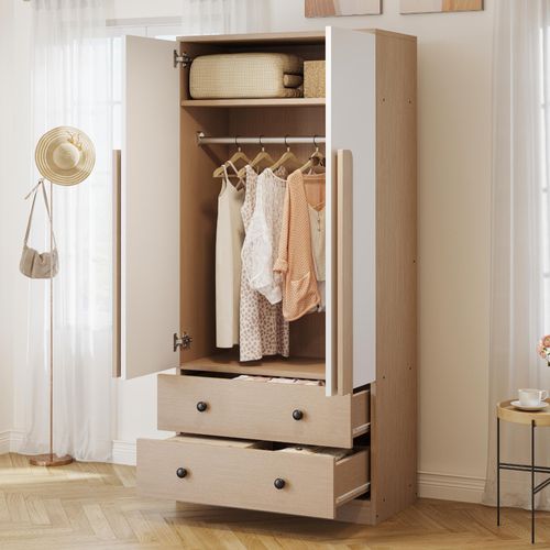 STILVORA Kleiderschrank 70×170cm Kleideraufbewarhung mit Kleiderstange,Highboard mit Schubladen und Ablagefächern,Doppeltüren-Design,holzfarbe+weiß