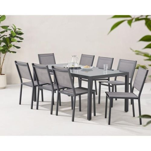 Garten-Essgruppe: 180 cm Tisch + 8 Stühle - Aluminiumstruktur - Platte aus gehärtetem Glas - Grau