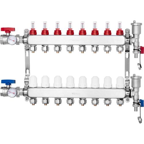 VEVOR 8-Zweig-Wärmeverteilungsverteiler, 1/2-Zoll-PEX-Rohrverteiler, Edelstahl-PEX-Verteiler für hydronische Fußbodenheizung, Wärmeverteilungs-PEX-Verteilersatz im Lieferumfang enthalten