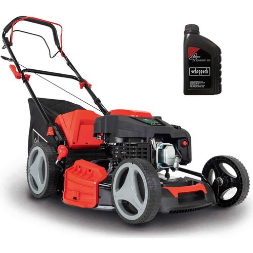 Scheppach Benzin Rasenmäher MS225-53 + Motoröl | Radantrieb | 6 PS | 53 cm Schnittbreite | 65 Liter Fangkorb | Reinigung | Mulchfunktion | Auswurf