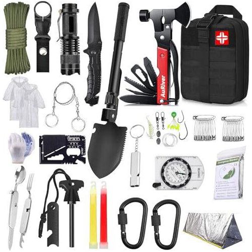 Auriver Survival Kit 163 in 1, Notfallausrüstung Kompass, Jagdmesser, Multitool, Hammer, Axt Torch andere Accessoires, Geschenke Männer, Camping, Camp