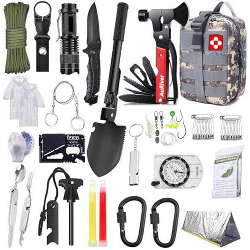 Auriver Survival Kit 163 in 1, Notfallausrüstung Kompass, Jagdmesser, Multitool, Hammer, Axt Torch andere Accessoires, Geschenke Männer, Camping, Camp