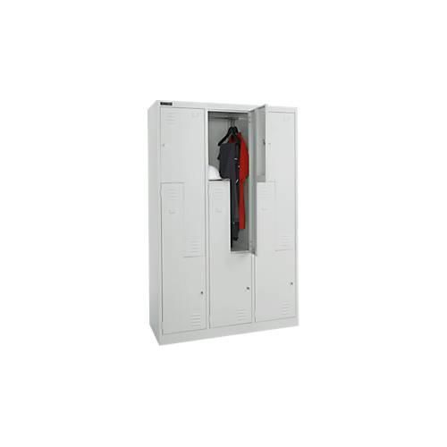 Schäfer Shop Select Kleiderspind, 6 Abteile mit Hutboden & Kleiderstange sowie 6 Fächer, Z-Türen, Zylinderschloss, mit Sockel, B 1200 x T 450 x H 1850 mm, Stahl pulverbeschichtet, lichtgrau/lichtgrau