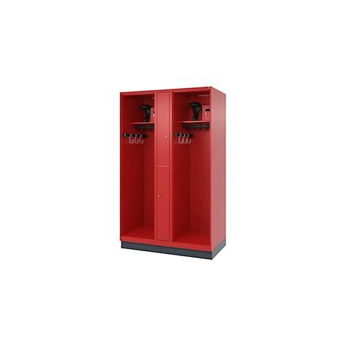 Feuerwehrspind C+P Evolo Maxi, 4 Abteile für 2 Personen, mit Helmhalter, mit Sockel, B 1200 x T 600 x H 1950 mm, RAL 3000 Feuerrot/RAL 7016 Anthrazitgrau