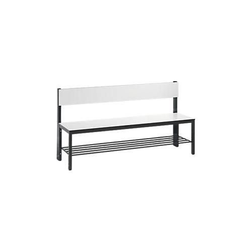 Sitzbank Basic Plus, 1-seitig, Rückenlehne, mit Schuhrost, 4-Fußgestell schwarzgrau RAL 7021, B 1500 mm, Dekor weiß