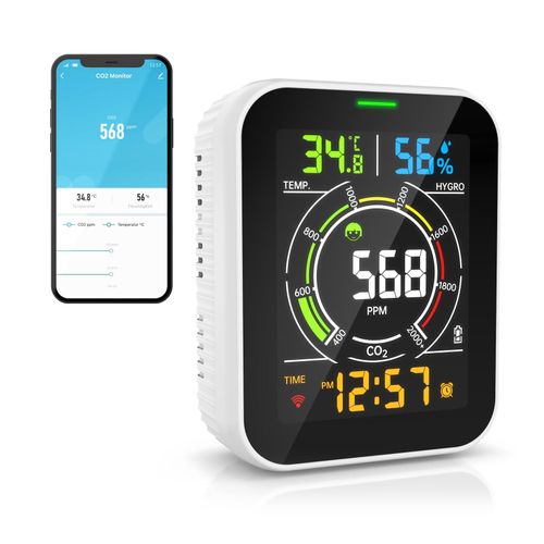 Brandson Raumluft-Qualitätssensor CO2-Messgerät, Luftqualitätsprüfer WLAN, App, Kohlenstoffdioxid Sensor, Raumluft Lüftungsempfehlung, Temperatur/Luftfeuchtigkeit, Weckfunktion