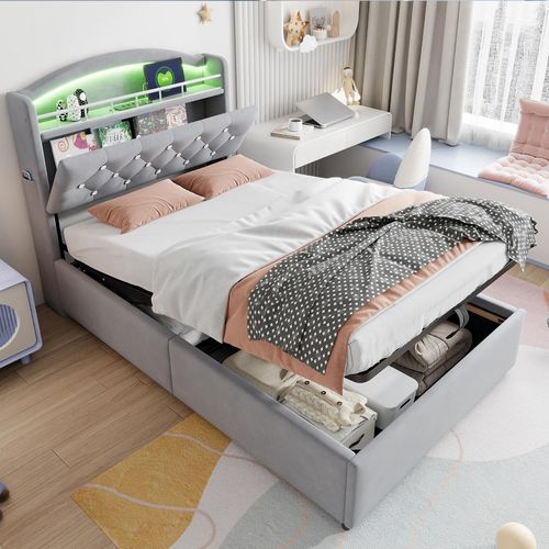Kinder Polsterbett 90x200, Samt Einzelbett Multifunktionsbett mit Stauraum mit LED und USB Grau