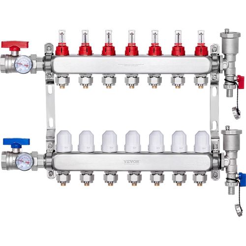 VEVOR 7-Zweig-Wärmeverteilungsverteiler, 1/2-Zoll-PEX-Rohrverteiler, Edelstahl-PEX-Verteiler für hydronische Fußbodenheizung, Wärmeverteilungs-PEX-Verteilersatz mit 1/2-Zoll-Adaptern