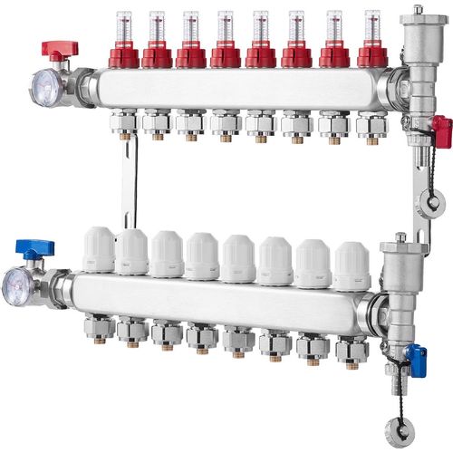 SucceBuy 8-Zweig-Strahlungswärmeverteiler, Edelstahl-PEX-Verteiler für Warmwasser-Fußbodenheizung, 1/2-Zoll-Adapter im Lieferumfang enthalten