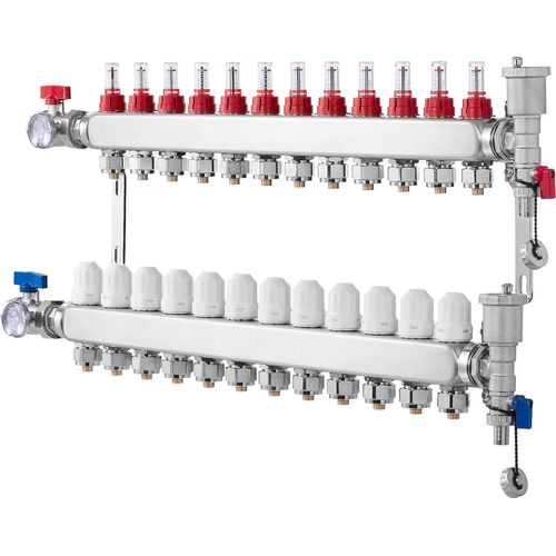 SucceBuy 12-Zweig-Wärmeverteilungsverteiler, 1/2-Zoll-PEX-Rohrverteiler, Edelstahl-PEX-Verteiler für hydronische Fußbodenheizung, PEX-Verteilersatz mit 1/2-Zoll-Adaptern