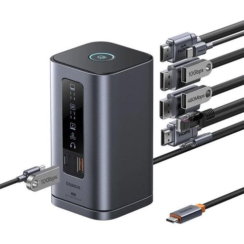 Dockingstation Baseus Spacemate Serie 11-in-1, USB-C la 2x HDMI 4K@60Hz, 2x DP 4K@60Hz, 2x USB-A, 1x USB-C, 1x RJ45, 1x USB-A (480Mbps), 1xUSB-C (PD), 1x 3.5mm Audio, Gri