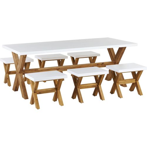 BELIANI Gartenset Weiß Tisch 200x100 cm und 6 Hocker Beton Akazienholz-Gestell rustiklaler Look Gartenausstattung Gartenmöbel Garten und Terrasse