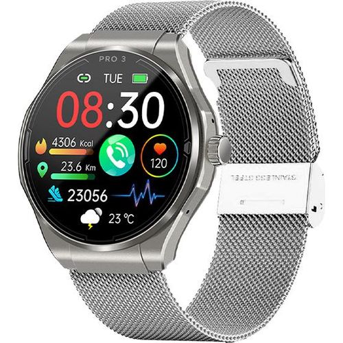 „PRO 3 (2024): Stilvolle Smartwatch mit Milanaise-Armband in Silber – Edelstahlgehäuse, Rundes Design“