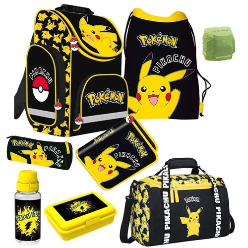 Pokemon Schulranzen Set 9-teilig mit Sporttasche ergonomischer Tornister 1. Klasse mit Pokémon Pikachu Motiv